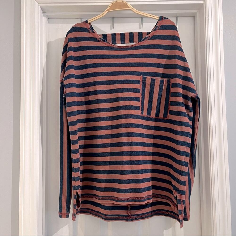 🩷 Loveriche Women’s Navy Blue/Dusty Rose Striped Long Sleeve Shirt Sz S